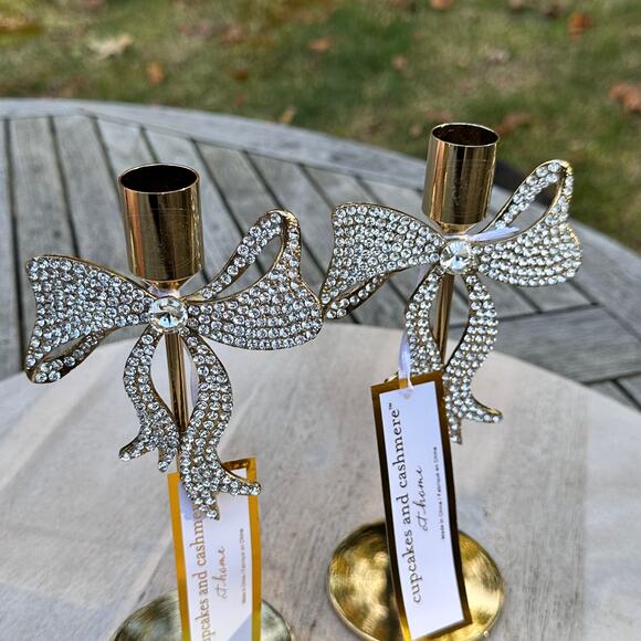 NEW Cupcakes and Cashmere Rhinestone Gold Bow Taper Candle Holders Set of 2 - Picture 3 of 10